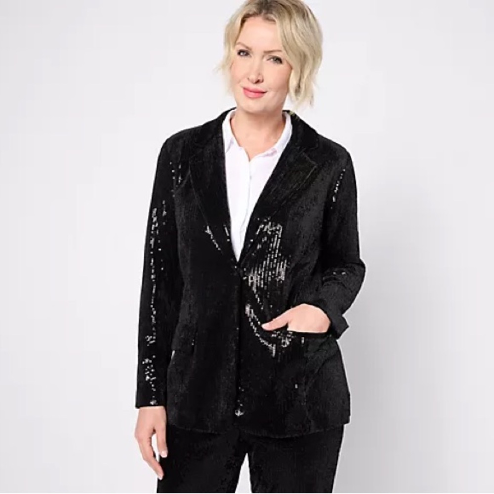 Isaac Mizrahi Sequin Blazer with pockets Black